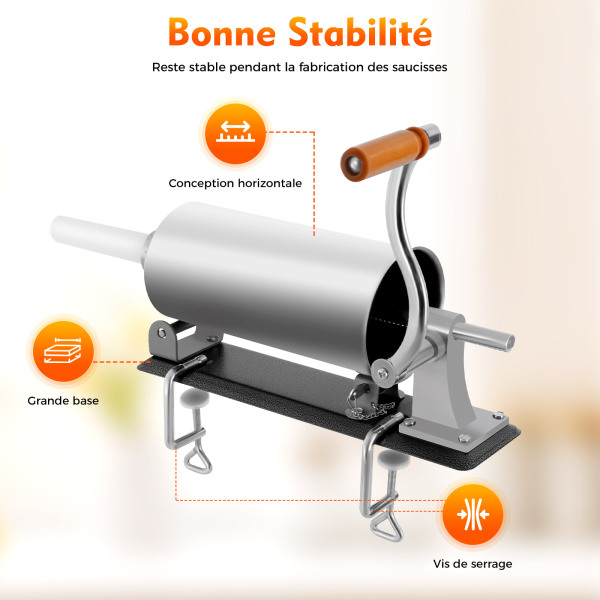 Machine à saucisses manuelle en acier inoxydable - 3 l - Outil manuel avec 4 tubes à saucisses - Utilisation domestique commerciale
