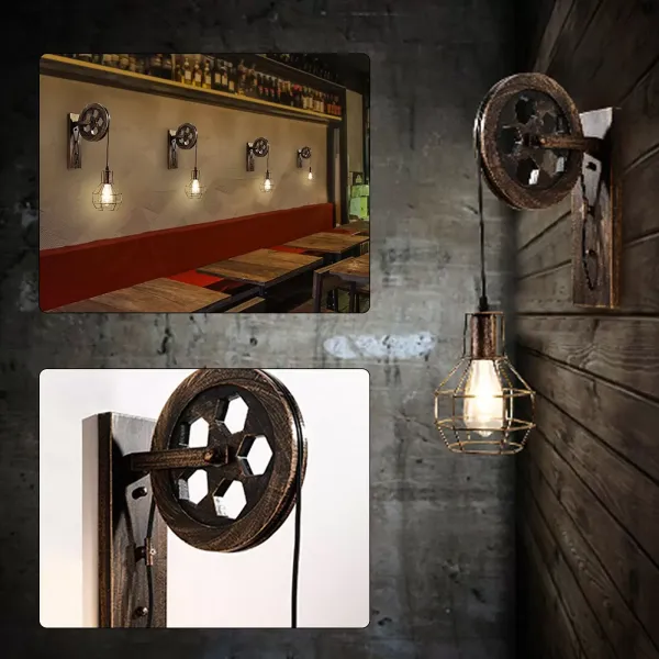 Applique murale vintage - 220 V - Style industriel - Loft - Poulie E27 - Pour escaliers, couloirs, terrasses, murs extérieurs, cours, jardin