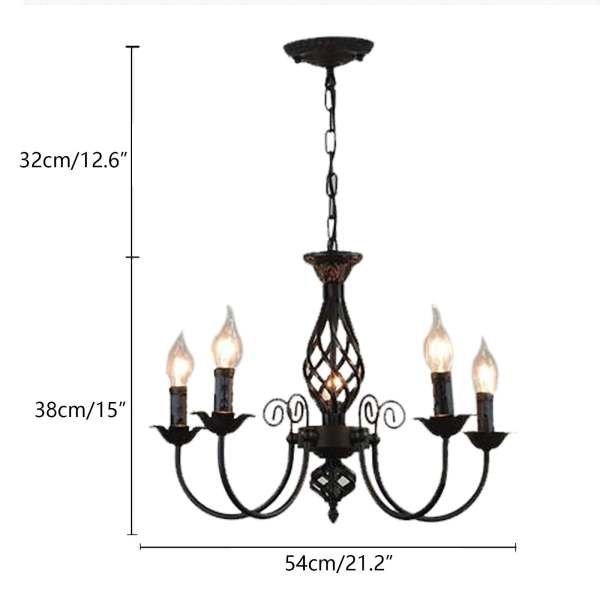 Droplight Lustre vintage à 5 têtes en fer forgé avec effet de lumière douce Noir