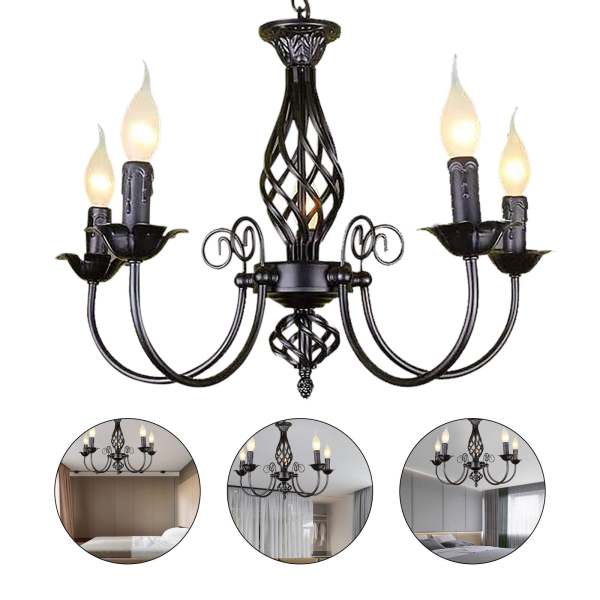 Droplight Lustre vintage à 5 têtes en fer forgé avec effet de lumière douce Noir