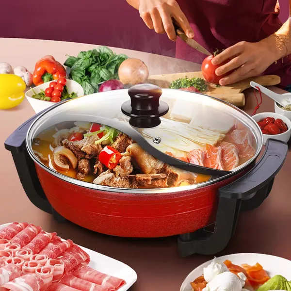 Casserole à double chaudière 220 V 1360 W 6 l avec couvercle en verre Compatible induction Poignée résistante aux températures élevées Rouge