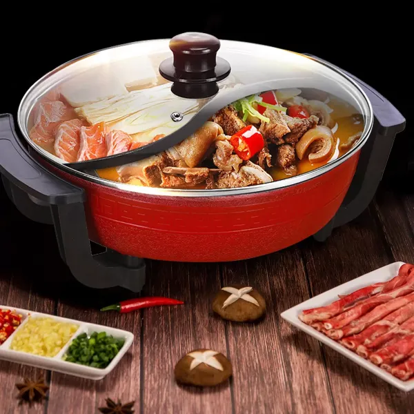 Casserole à double chaudière 220 V 1360 W 6 l avec couvercle en verre Compatible induction Poignée résistante aux températures élevées Rouge Casserole à double chaudière 220 V 1360 W 6 l avec couvercle en verre Compatible induction Poignée résistante aux températures élevées Rouge