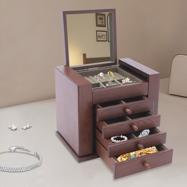 Boîte à bijoux en bois avec 5 niveaux et miroir Marron