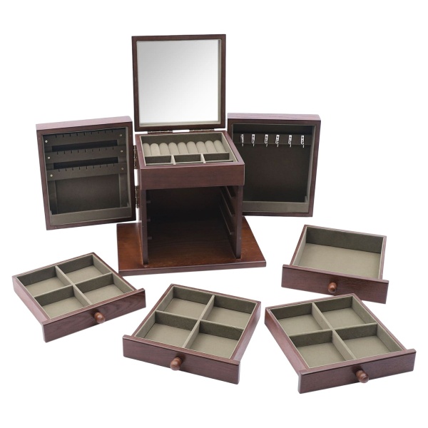 Boîte à bijoux en bois avec 5 niveaux et miroir Marron