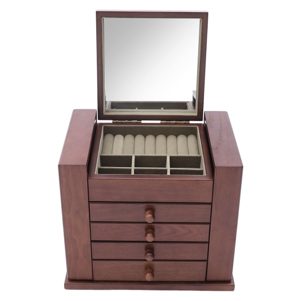 Boîte à bijoux en bois avec 5 niveaux et miroir Marron