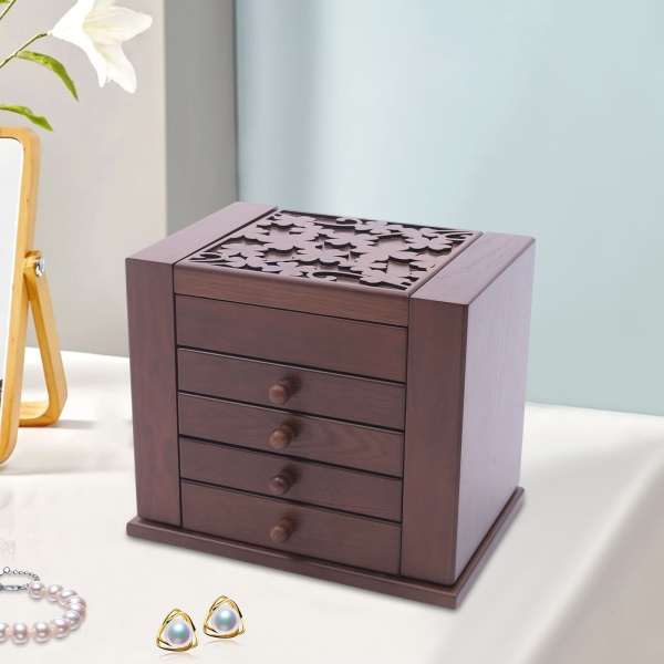 Boîte à bijoux en bois avec 5 niveaux et miroir Marron