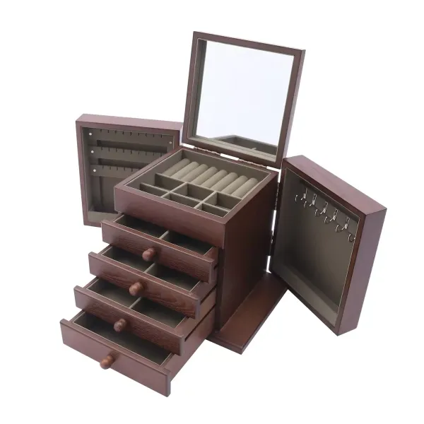 Boîte à bijoux en bois avec 5 niveaux et miroir Marron