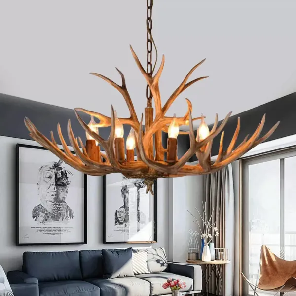 Lustre rétro à 6 ampoules en bois de cerf - Suspension vintage pour salon, salle à manger, chambre à coucher