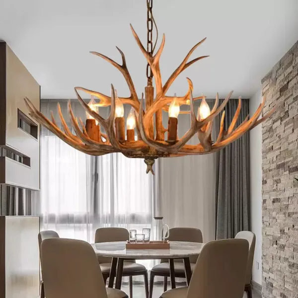 Lustre rétro à 6 ampoules en bois de cerf - Suspension vintage pour salon, salle à manger, chambre à coucher