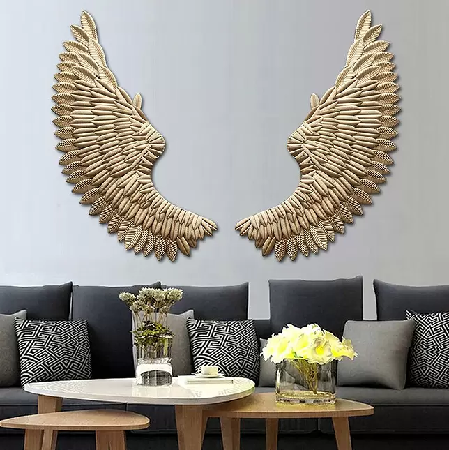 Ailes d'ange - Décoration murale ange - Sculpture murale - Ailes dorées - Pour chambre à coucher, salon - 38 x 100 cm