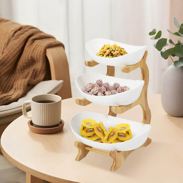 Exposition de fruits en céramique à 3 niveaux, polyvalente pour les fruits, les collations et les gâteaux Exposition de fruits en céramique à 3 niveaux, polyvalente pour les fruits, les collations et les gâteaux
