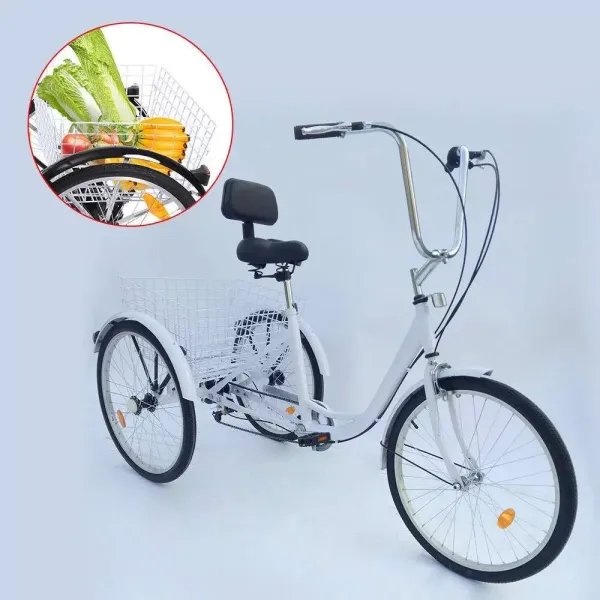 CNCEST Tricycle pour adulte 24" 6 vitesses 3 roues pour femme senior adulte Tricycle avec panier, excursion, sport shopping, shopping (blanc)