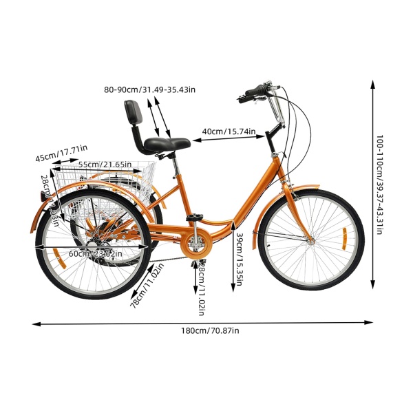 24" 6 vitesses Tricycle adulte 3 roues Vélo de course+avec panier Jaune (sans lumière)