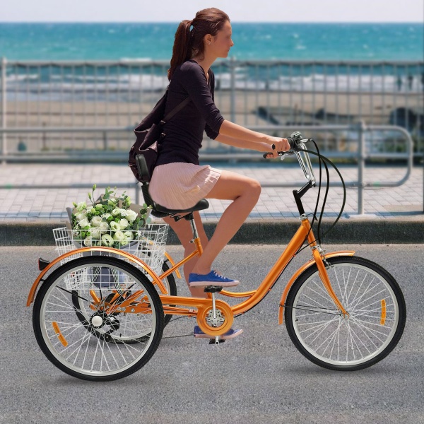 24" 6 vitesses Tricycle adulte 3 roues Vélo de course+avec panier Jaune (sans lumière)