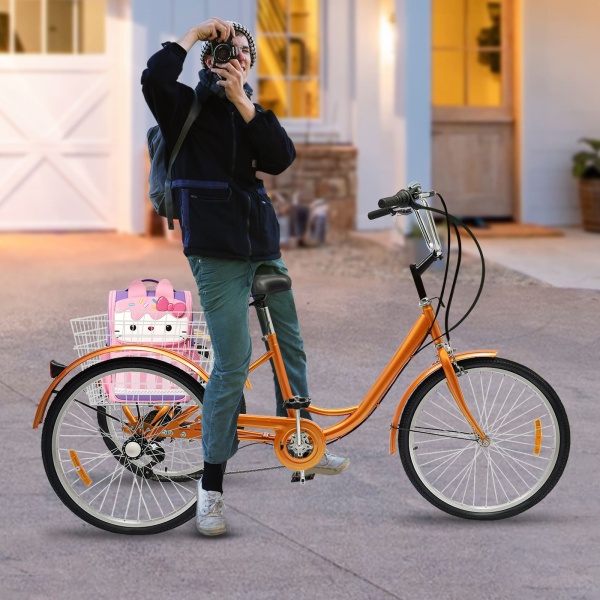 24" 6 vitesses Tricycle adulte 3 roues Vélo de course+avec panier Jaune (sans lumière)