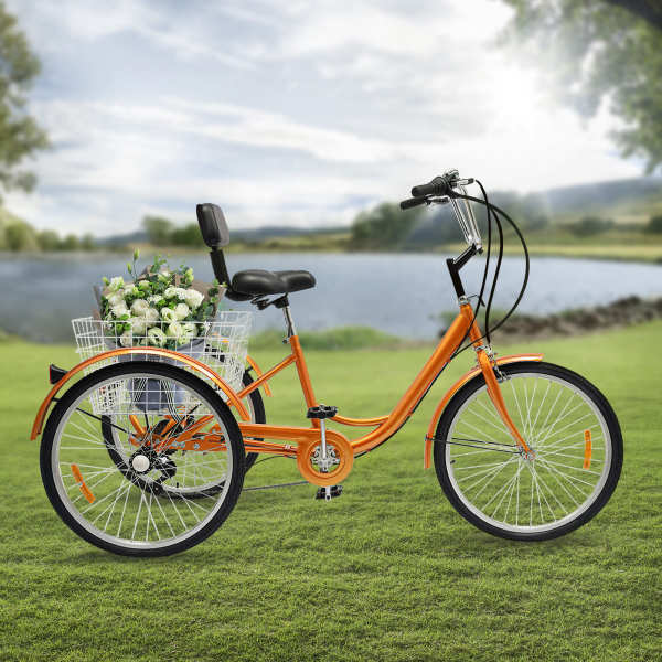 24" 6 vitesses Tricycle adulte 3 roues Vélo de course+avec panier Jaune (sans lumière)