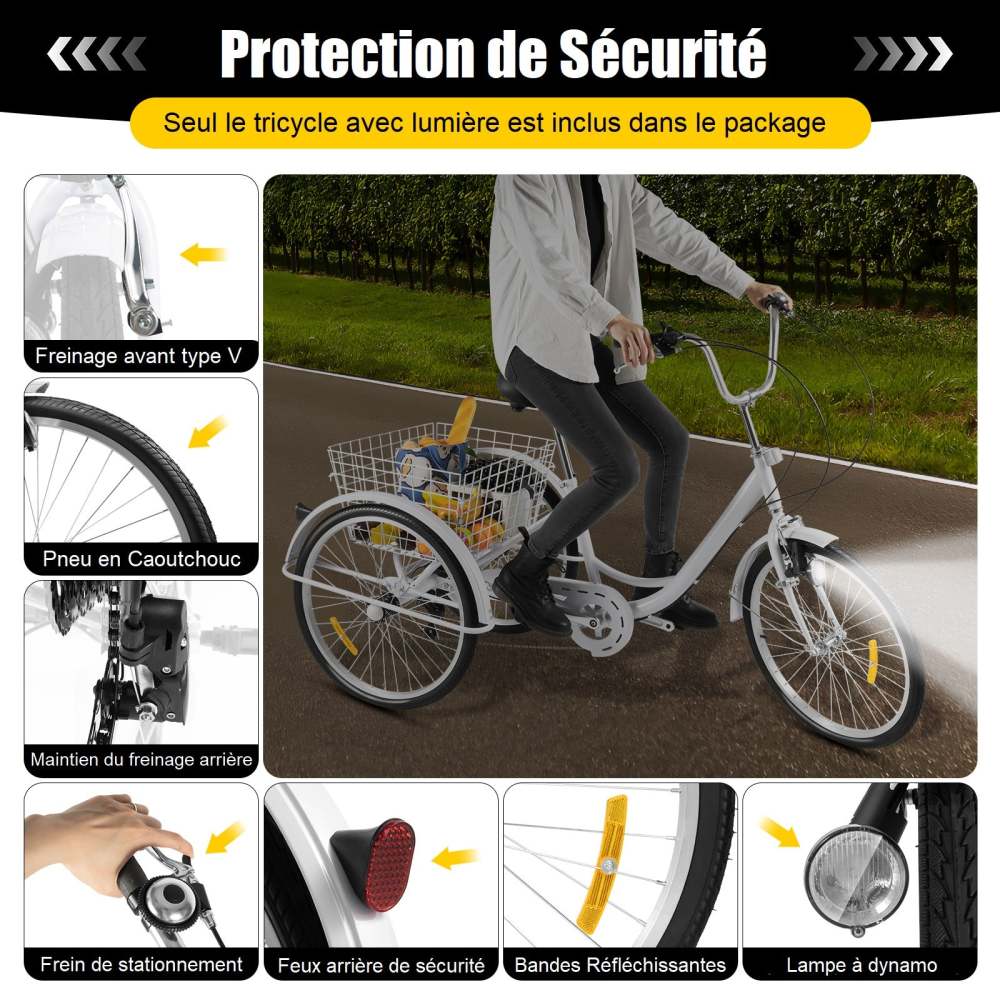Tricycle adulte 6 vitesses 24 pouces 3 roues avec panier à provisions tricycle plus âgé adulte