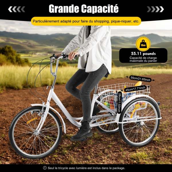 Tricycle adulte 6 vitesses 24 pouces 3 roues avec panier à provisions tricycle plus âgé adulte