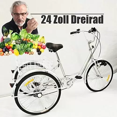Vélo 24" 3 roues avec panier, vitesse 6 vitesses pour adulte - Réglable en hauteur - Boîtier en acier au carbone - Pour sports de plein air