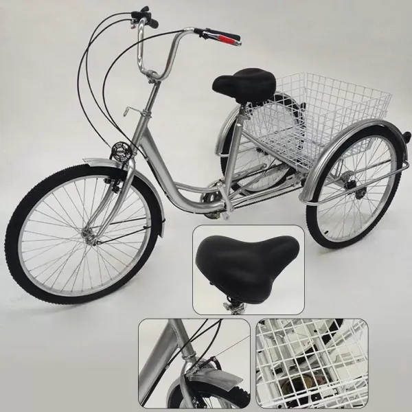 Vélo 24" 3 roues avec panier, vitesse 6 vitesses pour adulte - Réglable en hauteur - Boîtier en acier au carbone - Pour sports de plein air Vélo 24" 3 roues avec panier, vitesse 6 vitesses pour adulte - Réglable en hauteur - Boîtier en acier au carbone - Pour sports de plein air