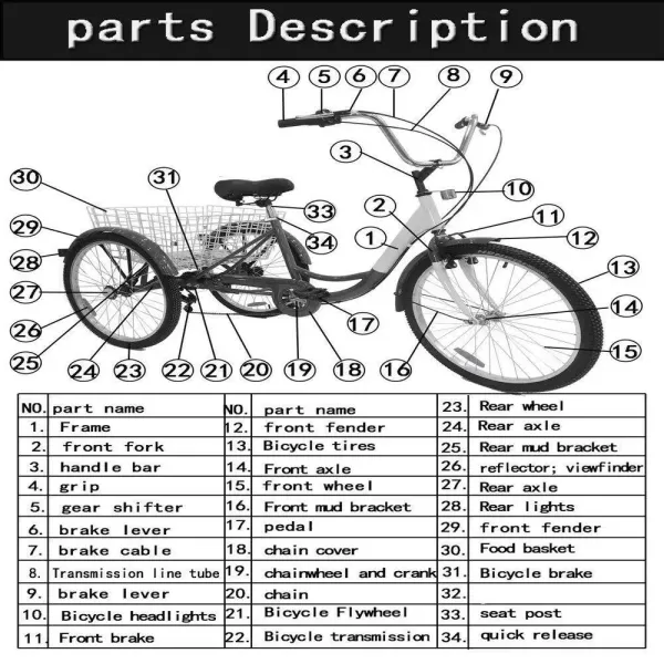 Vélo 24" 3 roues avec panier, vitesse 6 vitesses pour adulte - Réglable en hauteur - Boîtier en acier au carbone - Pour sports de plein air