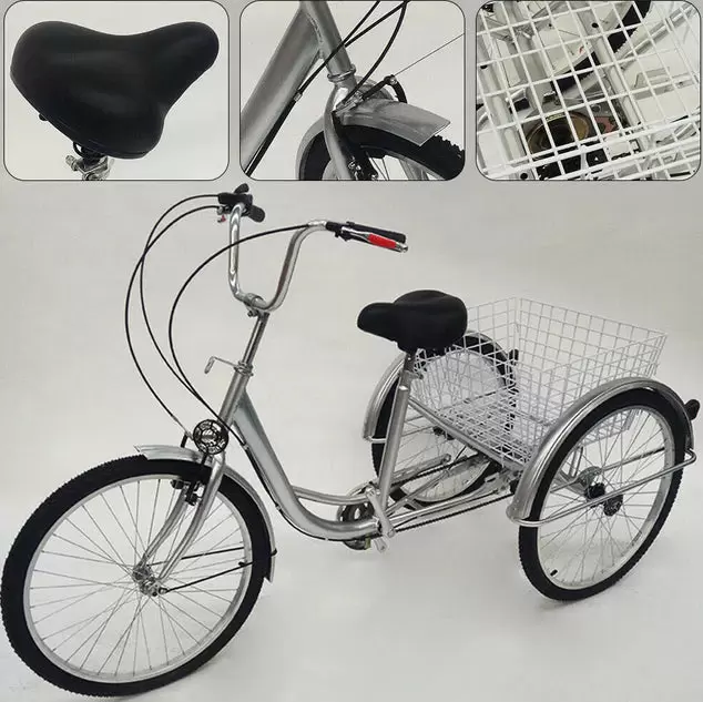 Vélo 24" 3 roues avec panier, vitesse 6 vitesses pour adulte - Réglable en hauteur - Boîtier en acier au carbone - Pour sports de plein air