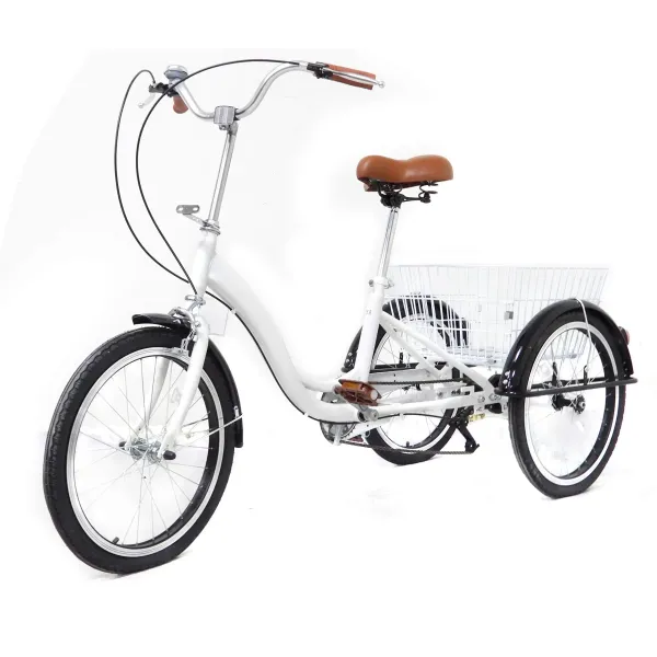 20 Pouce 3 Roues Tricycle Adulte Tricycle Simple Speed+Panier Bicycle Vélo Blanc