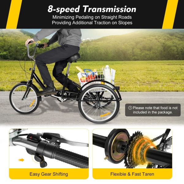 20" tricycle adulte 8 vitesses vélo 3 roues  w/panier, noire