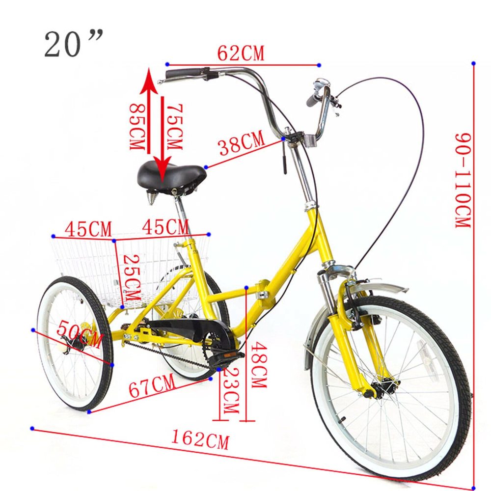 Tricycle de 20 pouces pour adultes, 3 roues Singlespeed Tricycle pour personnes âgées, avec panier, charge maximale 110 kg, hauteur réglable