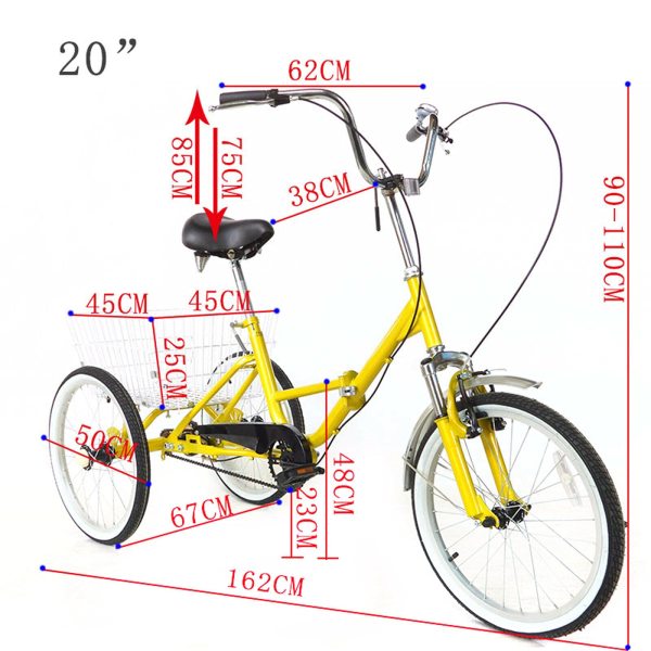 Tricycle de 20 pouces pour adultes, 3 roues Singlespeed Tricycle pour personnes âgées, avec panier, charge maximale 110 kg, hauteur réglable