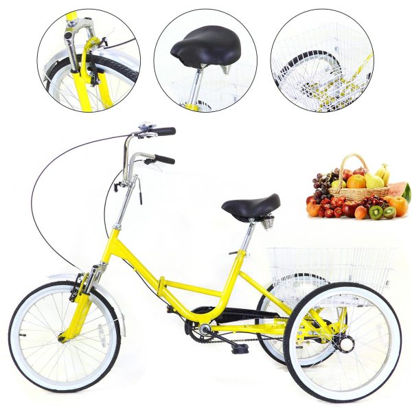 Tricycle de 20 pouces pour adultes, 3 roues Singlespeed Tricycle pour personnes âgées, avec panier, charge maximale 110 kg, hauteur réglable