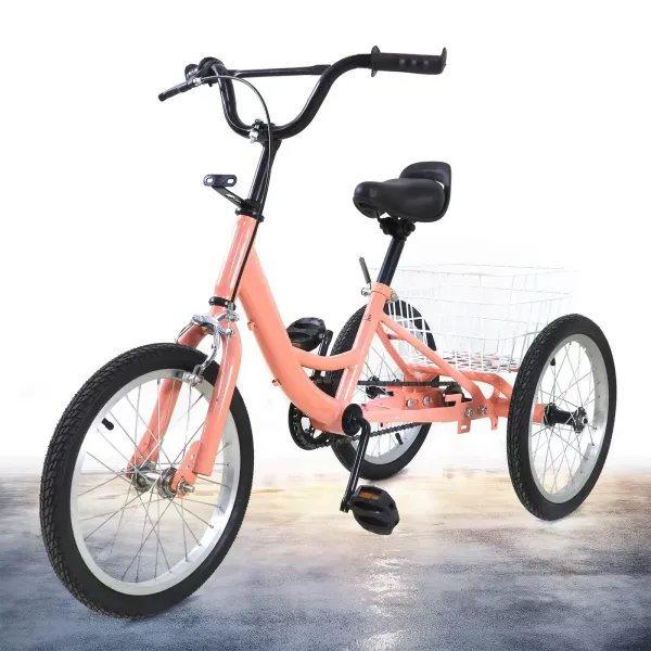 Vélo Tricycle Vélo à 3 Roues à Vitesse Unique de 16 Pouces, Tricycle Enfant avec Panier 7-10 ans (Orange Clair)