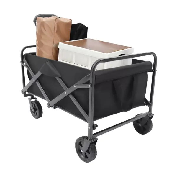 Chariot de transport pliable de plage de jardin avec roues en caoutchouc de 12,7 cm, poignée réglable et 2 porte-gobelets(Noir)