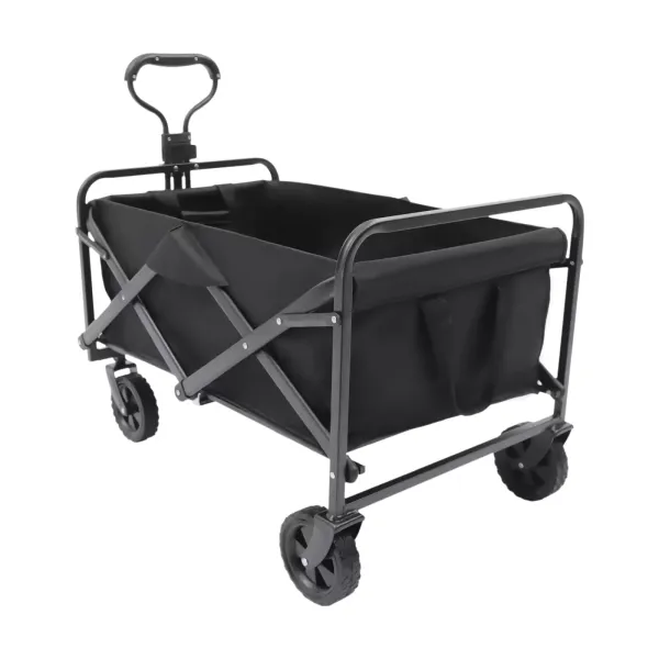 Chariot de transport pliable de plage de jardin avec roues en caoutchouc de 12,7 cm, poignée réglable et 2 porte-gobelets(Noir)