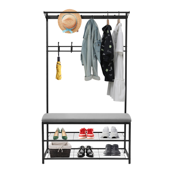 Portant à vêtements noir de 100 cm avec crochets, portant à vêtements avec banc, portant à vêtements multifonction avec étagère à chaussures