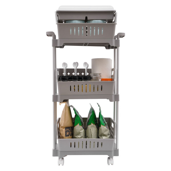 Chariot à 3 étages, chariot de rangement à roulettes, chariot de rangement multifonctionnel, 45,5*24,5*91 cm, Gris