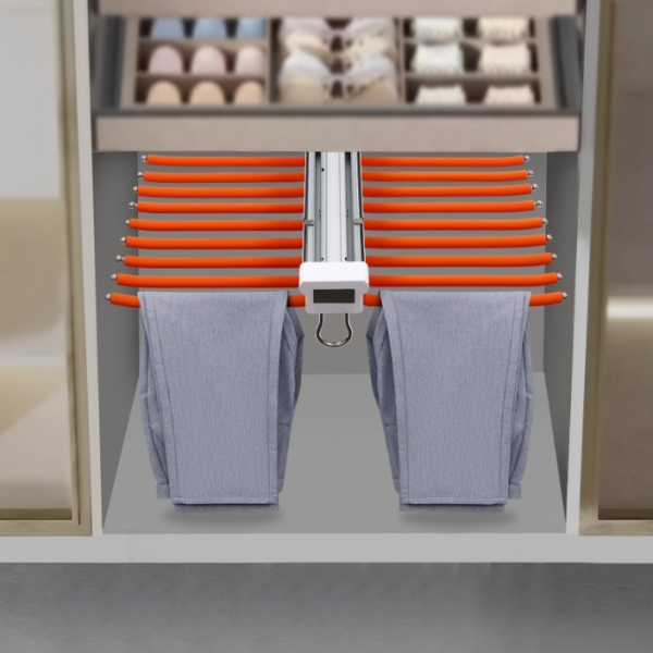 Porte-pantalons double rangée - flocage blanc + orange, 22 arceaux, charge 15kg, alliage d'aluminium de haute qualité