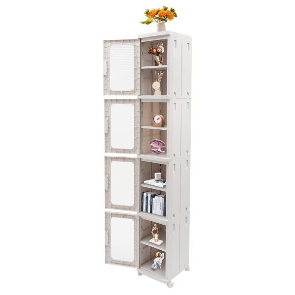 Boîte de rangement à 4 niveaux avec couvercle, boîtes de rangement pliables avec roulettes, 24,5 x 28,5 x 166 cm, 1 couvercle, blanc