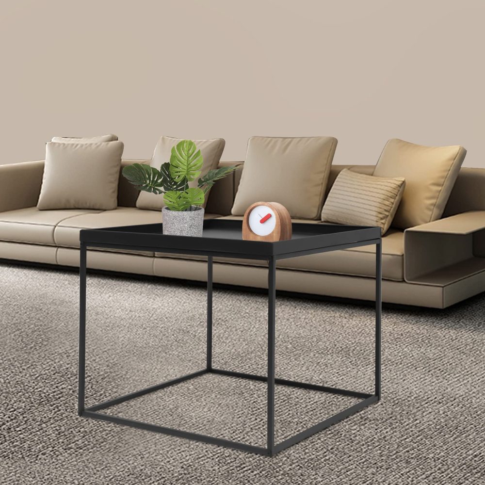 Table d'appoint carrée - Table basse mobile - Cadre en acier - Imperméable - Anti-rayures - Noir - Pour salon, chambre à coucher