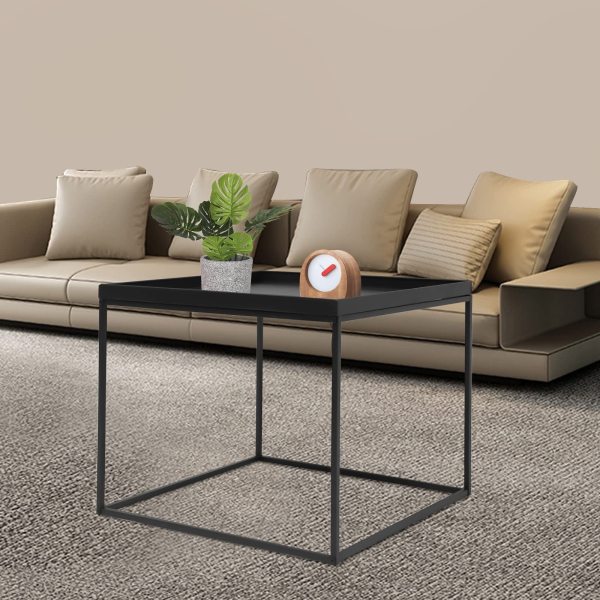 Table d'appoint carrée - Table basse mobile - Cadre en acier - Imperméable - Anti-rayures - Noir - Pour salon, chambre à coucher