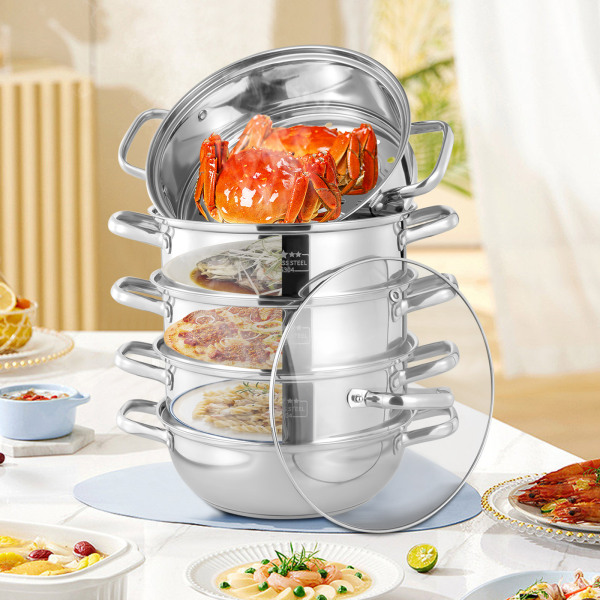 Set de 5 cuiseurs vapeur inox diamètre 28 cm avec couvercle Argenté