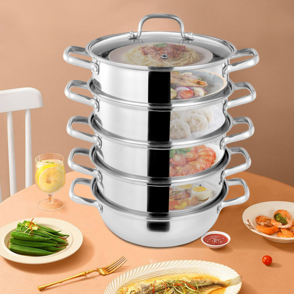 Set de 5 cuiseurs vapeur inox diamètre 28 cm avec couvercle Argenté Set de 5 cuiseurs vapeur inox diamètre 28 cm avec couvercle Argenté