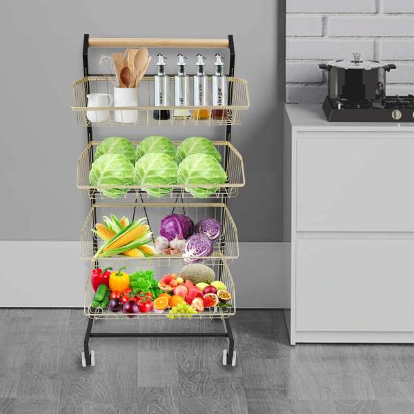 Corbeille à fruits pour la cuisine, chariot de rangement, chariot de cuisine avec roues verrouillables (noir et or)