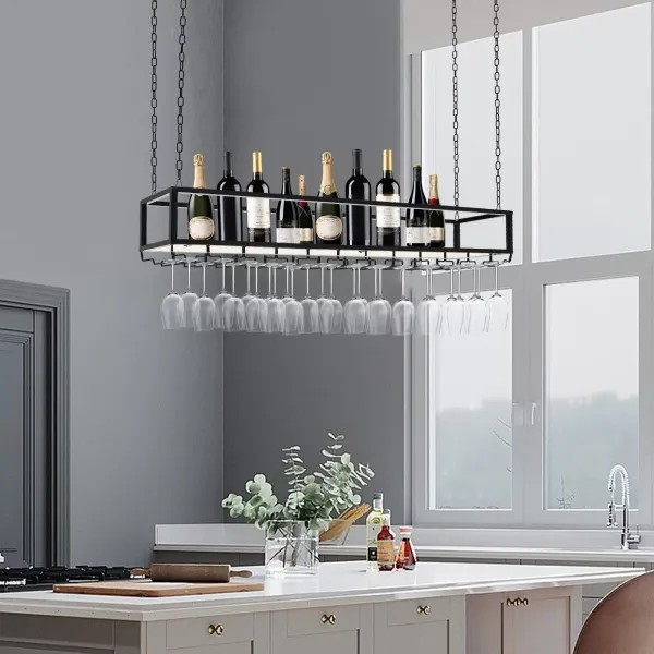 Support à verres à vin suspendu industriel réglable avec support en verre et étagère pour bar de cuisine (120 cm) Support à verres à vin suspendu industriel réglable avec support en verre et étagère pour bar de cuisine (120 cm)