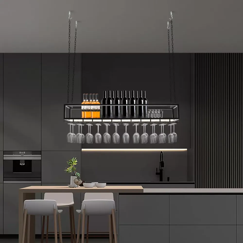 Support à verres à vin suspendu industriel réglable avec support en verre et étagère pour bar de cuisine (120 cm)