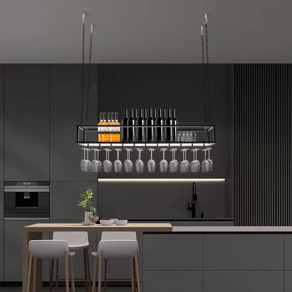 Support à verres à vin suspendu industriel réglable avec support en verre et étagère pour bar de cuisine (120 cm) Support à verres à vin suspendu industriel réglable avec support en verre et étagère pour bar de cuisine (120 cm)