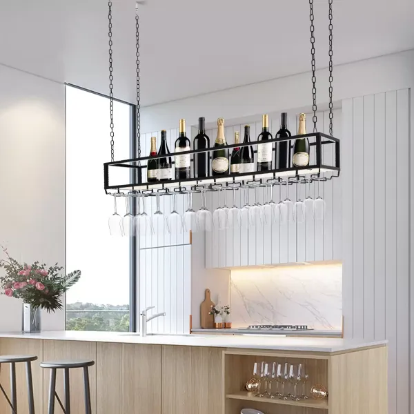 Support à verres à vin suspendu industriel réglable avec support en verre et étagère pour bar de cuisine (120 cm) Support à verres à vin suspendu industriel réglable avec support en verre et étagère pour bar de cuisine (120 cm)