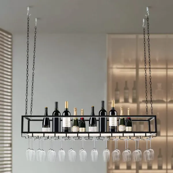 Support à verres à vin suspendu industriel réglable avec support en verre et étagère pour bar de cuisine (120 cm) Support à verres à vin suspendu industriel réglable avec support en verre et étagère pour bar de cuisine (120 cm)