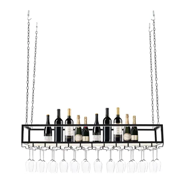 Support à verres à vin suspendu industriel réglable avec support en verre et étagère pour bar de cuisine (120 cm) Support à verres à vin suspendu industriel réglable avec support en verre et étagère pour bar de cuisine (120 cm)
