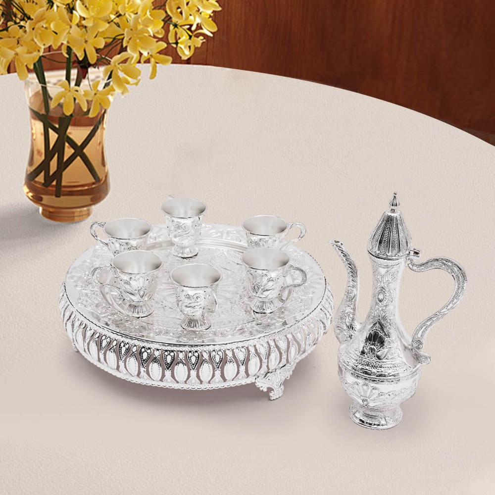 Ensemble tasse à café et théière, ensemble de service à thé pour décoration de table à thé, argent, avec une théière et six tasses